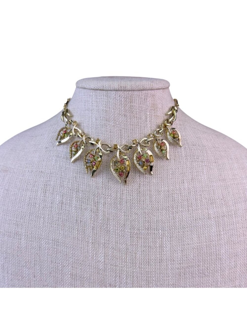 Vintage Gold Tone Multicolor Rhinestone Necklace Leaf Design Chain Vintage